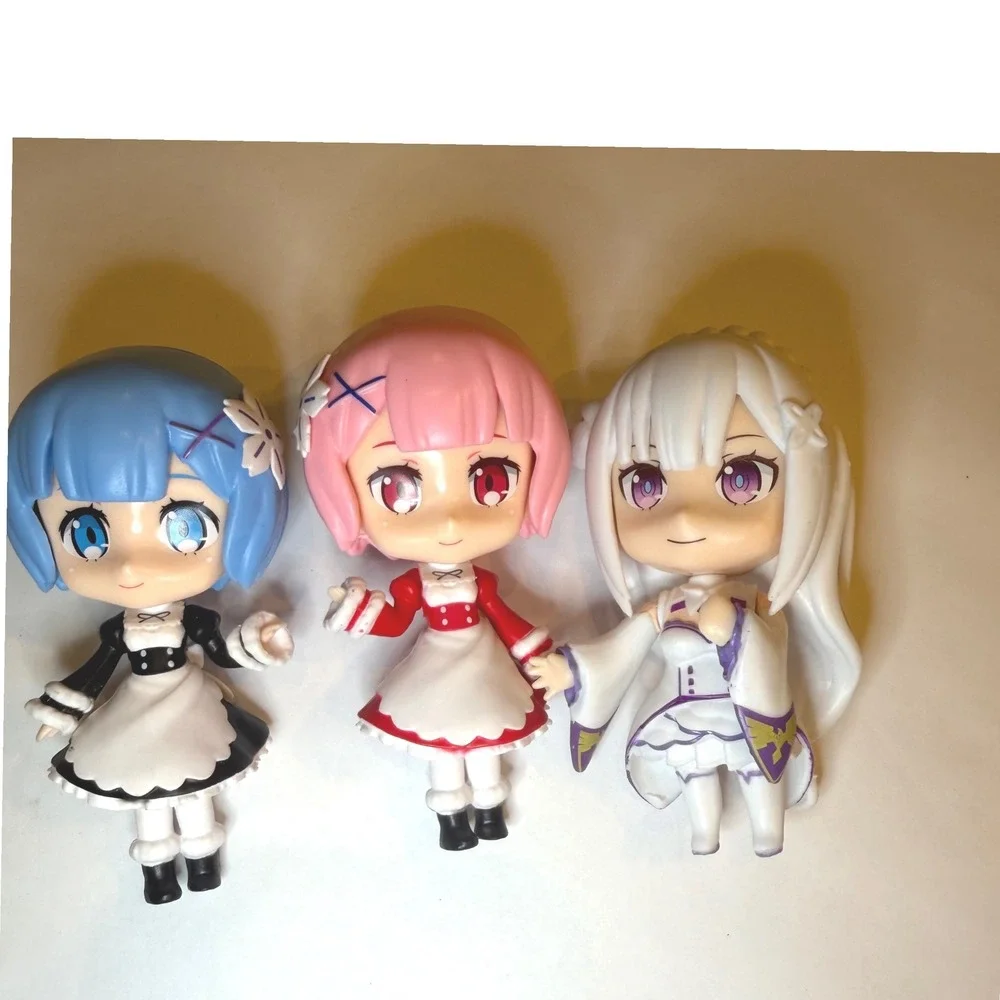 Re Zero Rem Ram Emilia Chibi Figure Set 3 Inch Anime Miniatures with 2 Stands